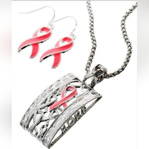 Pink Ribbon Earring & Necklace/ID Card Holder Set